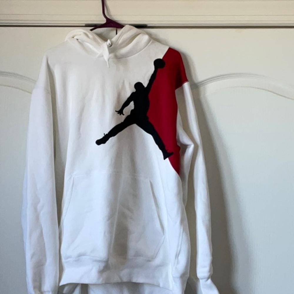 White Sweatshirt with Black Graphic Design and Hood